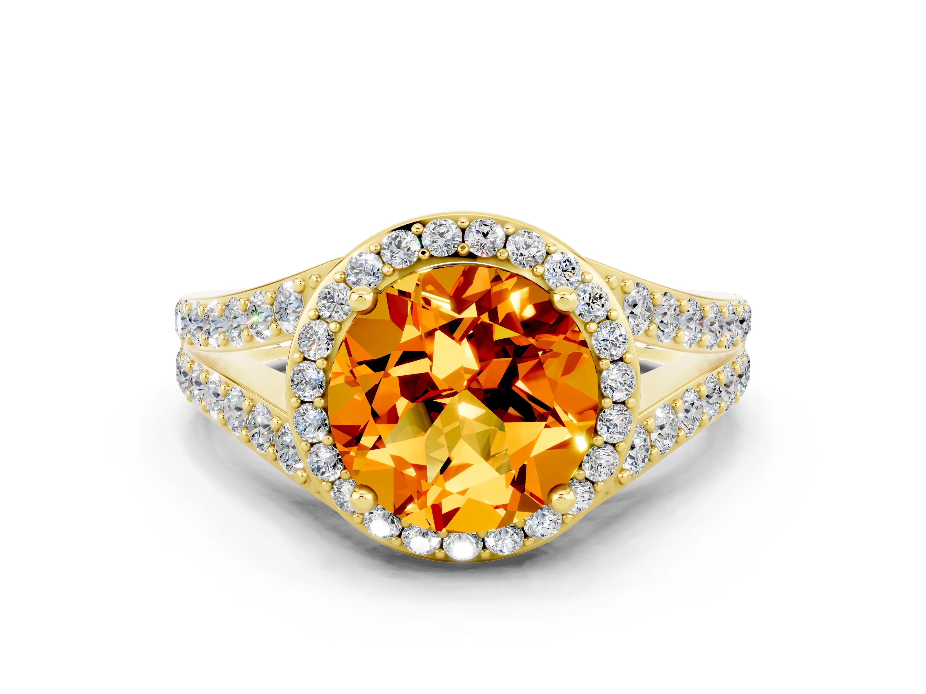 Yellow gold Round Cut Citrine Split Shank Halo Ring with Four-Prong Setting_12