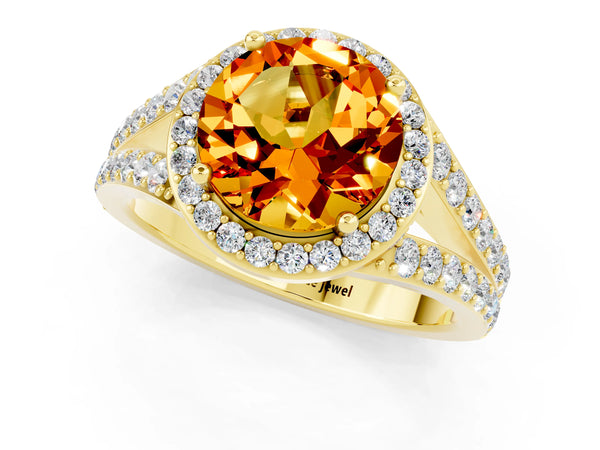 Yellow gold Round Cut Citrine Split Shank Halo Ring with Four-Prong Setting