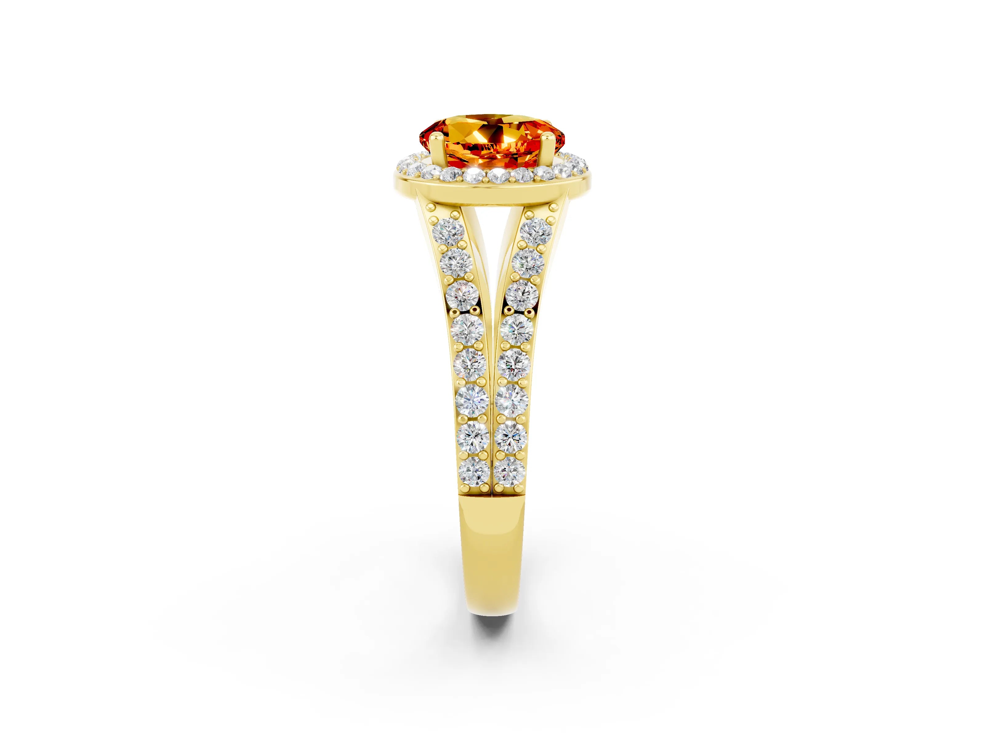 Yellow gold Round Cut Citrine Split Shank Halo Ring with Four-Prong Setting_14