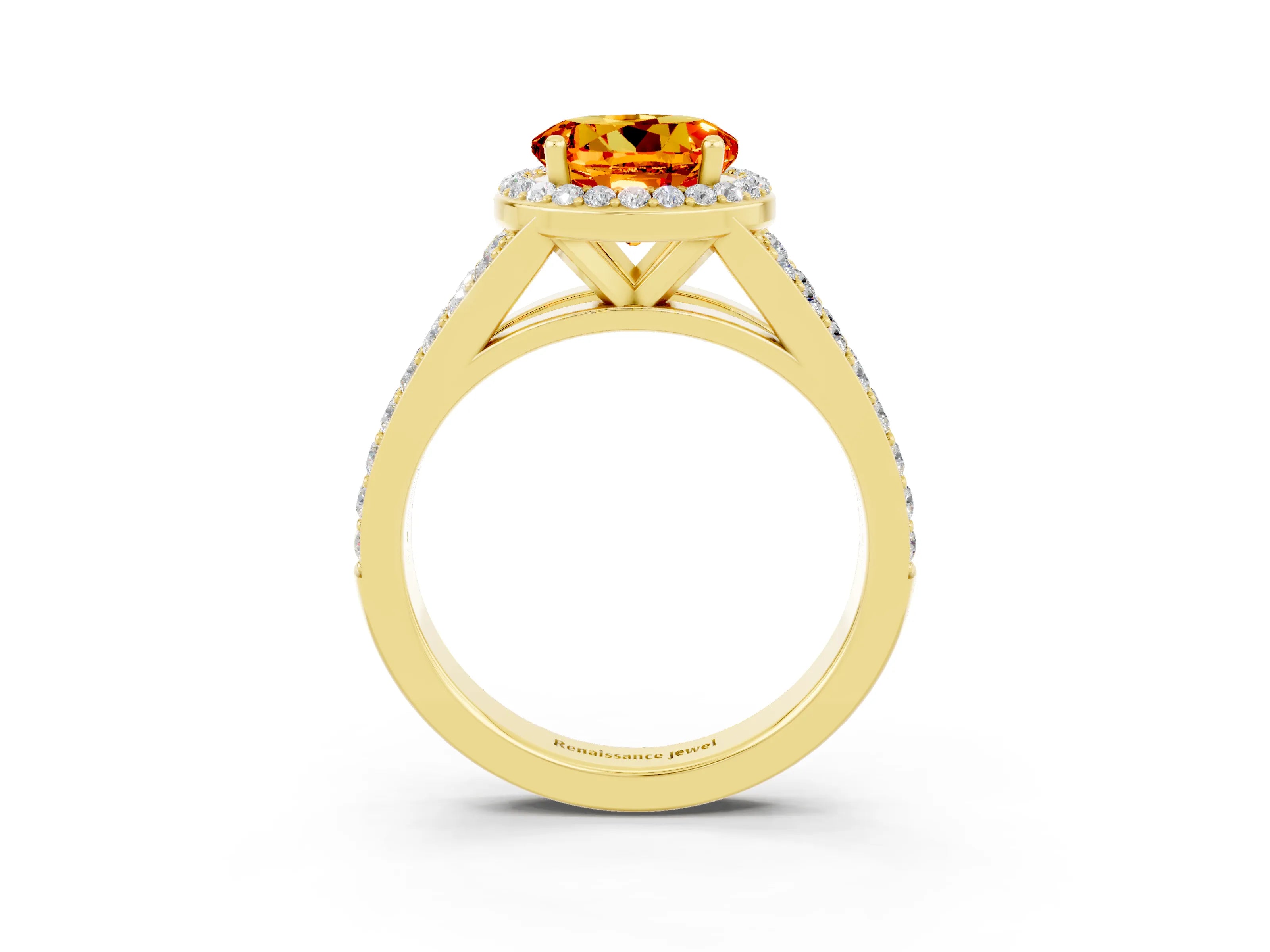 Yellow gold Round Cut Citrine Split Shank Halo Ring with Four-Prong Setting_15