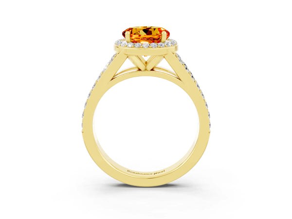 Yellow gold Round Cut Citrine Split Shank Halo Ring with Four-Prong Setting