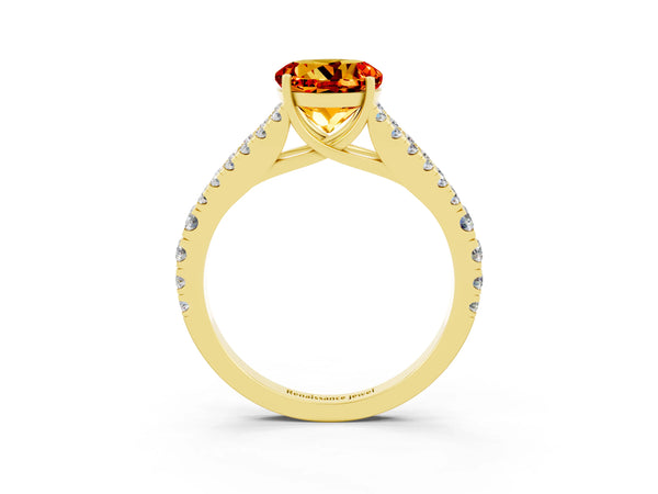 Yellow gold Round Cut Citrine Split Shank Pavé Engagement Ring with Four-Prong Setting