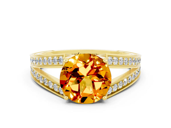 Yellow gold Round Cut Citrine Split Shank Ring with Pavé Band and Four-Prong Setting