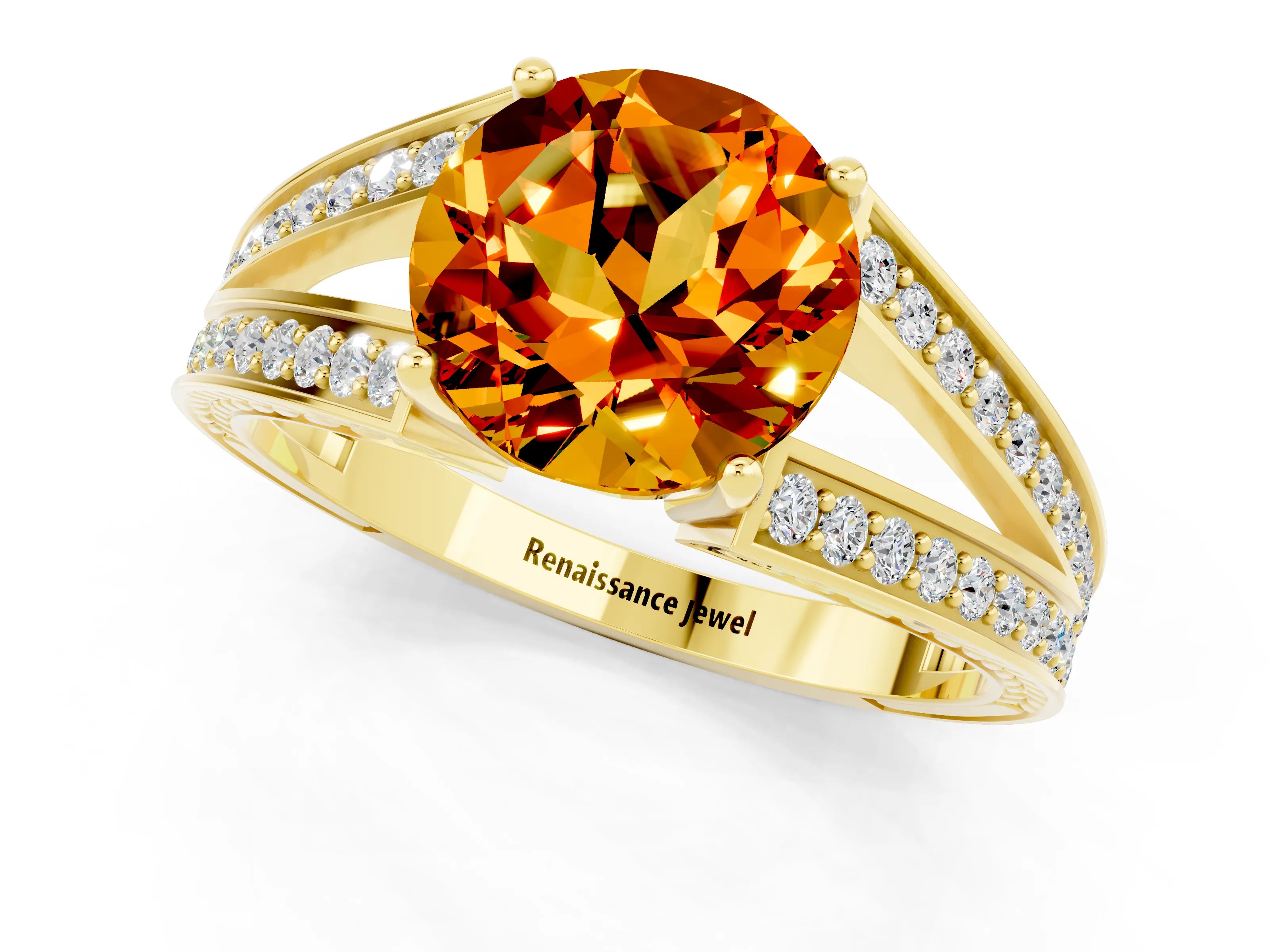 Yellow gold Round Cut Citrine Split Shank Ring with Pavé Band and Four-Prong Setting_1