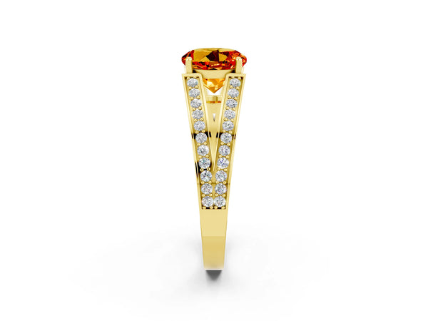 Yellow gold Round Cut Citrine Split Shank Ring with Pavé Band and Four-Prong Setting