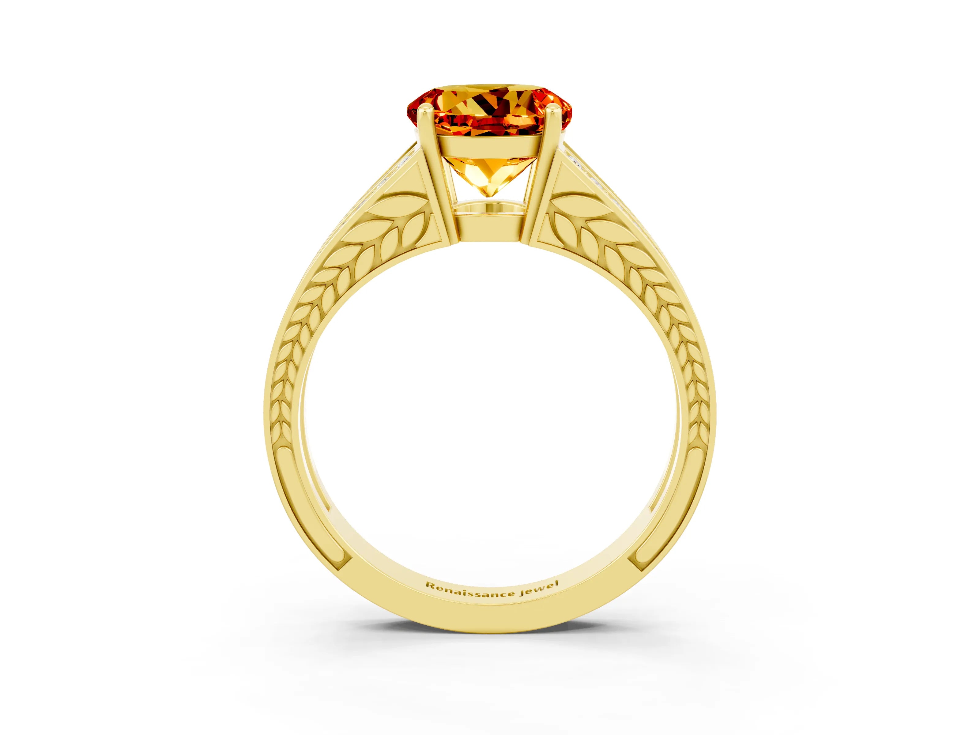 Yellow gold Round Cut Citrine Split Shank Ring with Pavé Band and Four-Prong Setting_3
