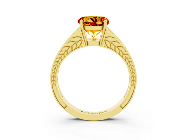 Yellow gold Round Cut Citrine Split Shank Ring with Pavé Band and Four-Prong Setting