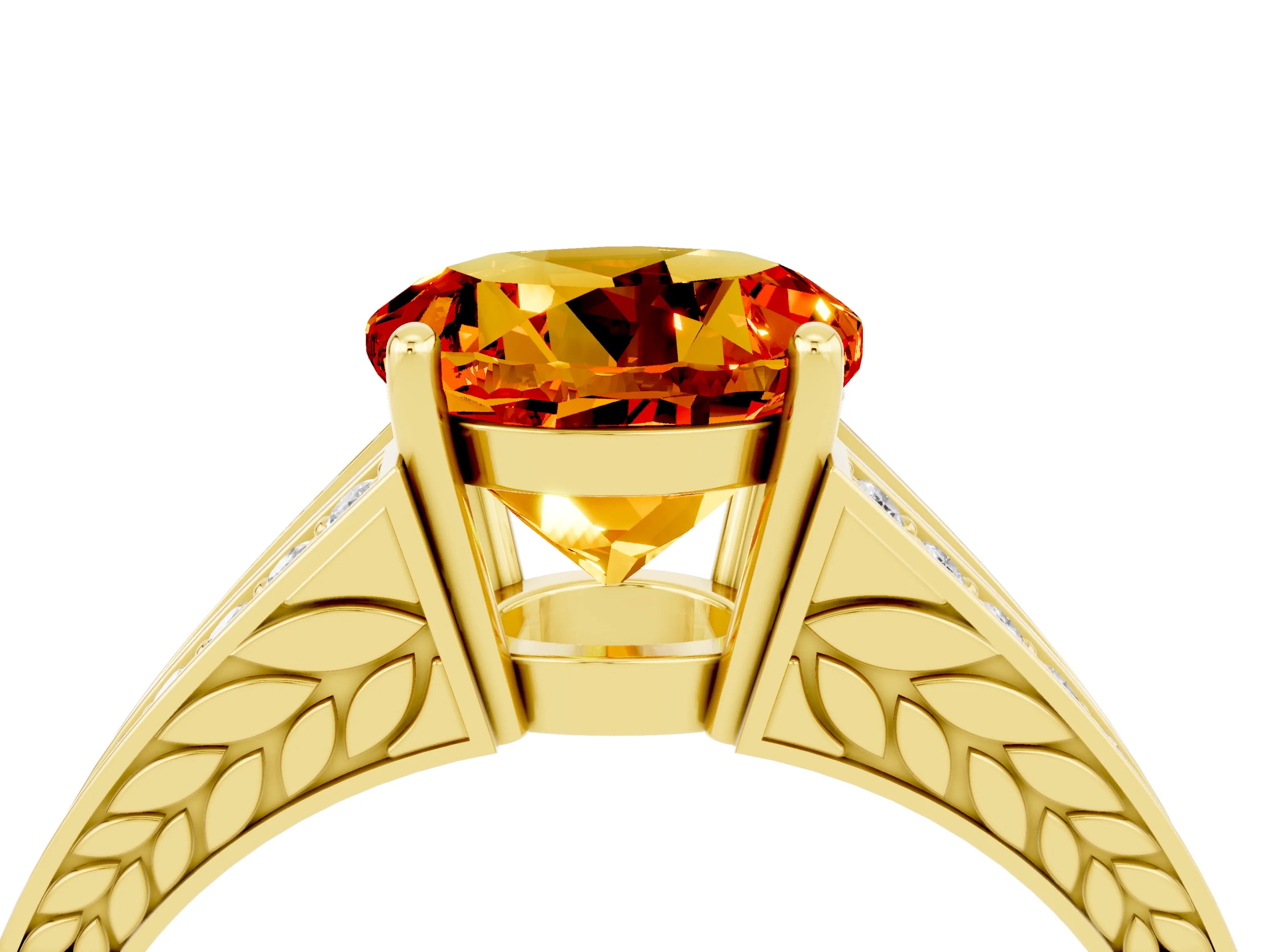 Yellow gold Round Cut Citrine Split Shank Ring with Pavé Band and Four-Prong Setting_4