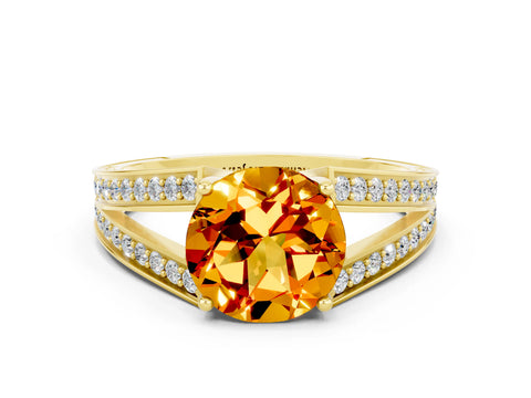 Yellow gold Round Cut Citrine Split Shank Ring with Pavé Band and Four-Prong Setting