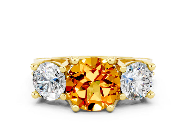 Yellow gold Round Cut Citrine Three-Stone Ring with Channel Set Band and Four-Prong Setting