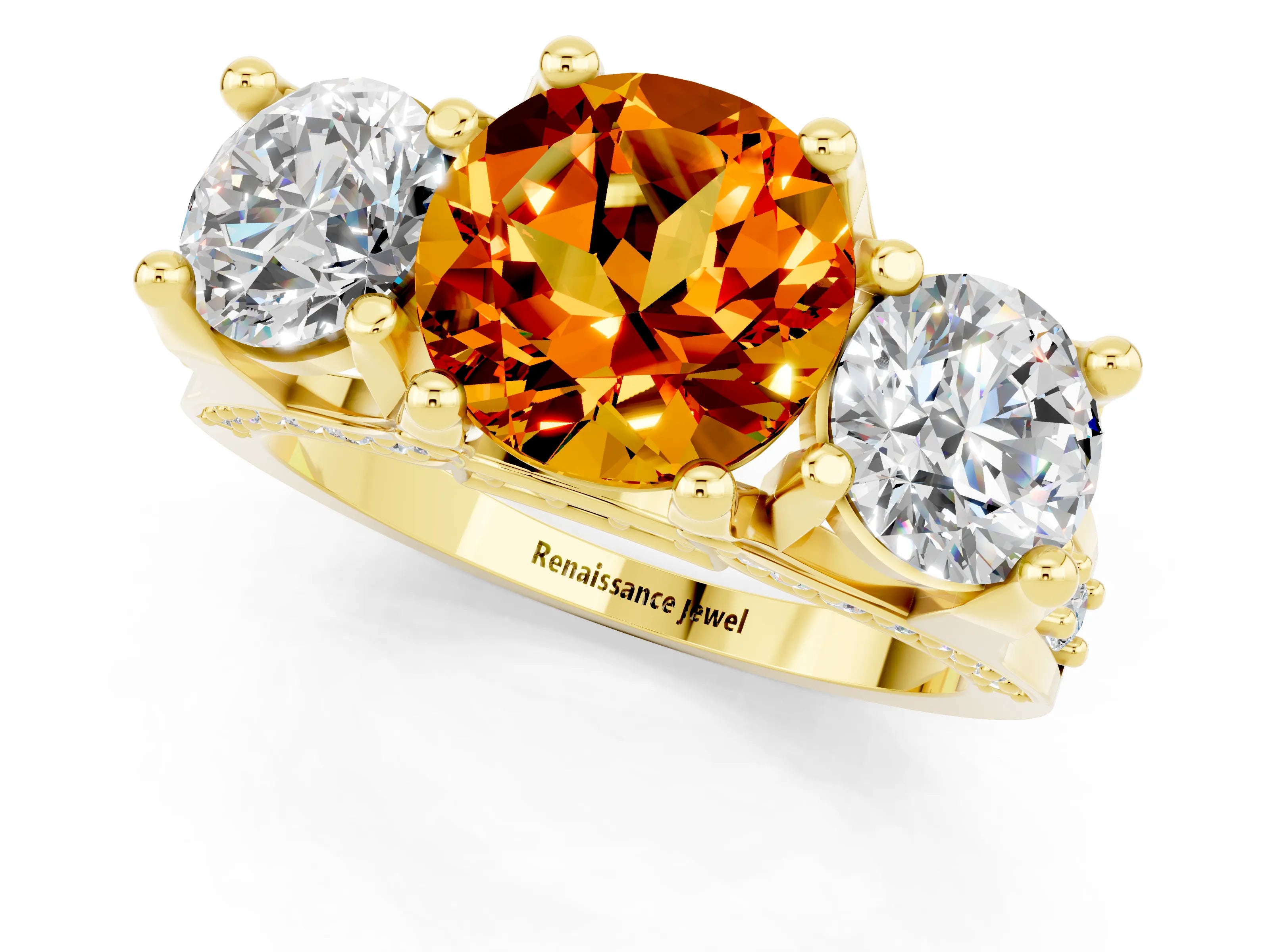 Yellow gold Round Cut Citrine Three-Stone Ring with Channel Set Band and Four-Prong Setting_1