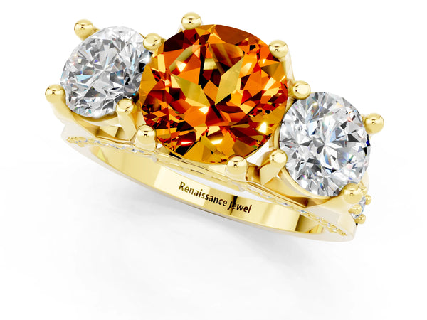 Yellow gold Round Cut Citrine Three-Stone Ring with Channel Set Band and Four-Prong Setting