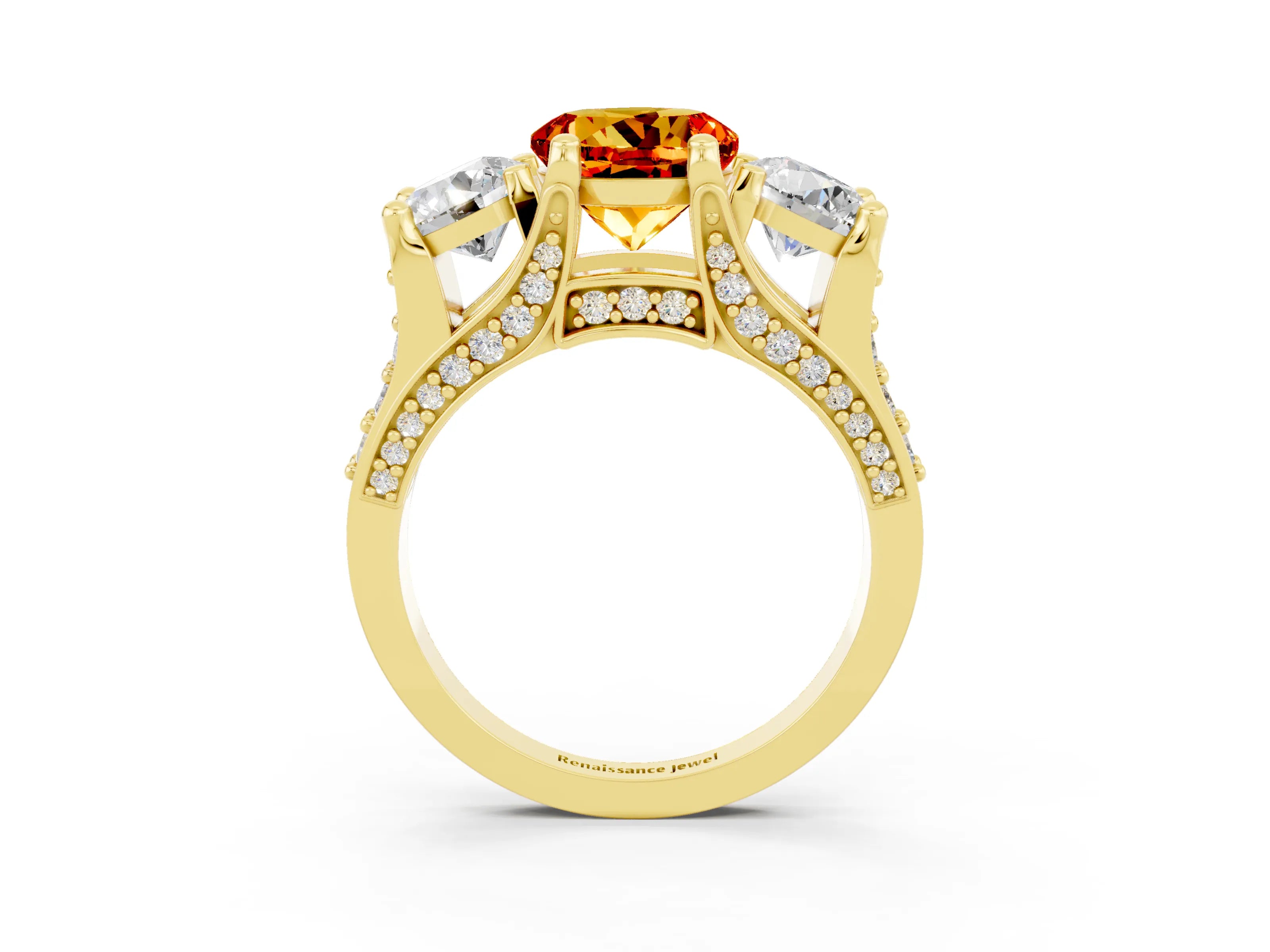 Yellow gold Round Cut Citrine Three-Stone Ring with Channel Set Band and Four-Prong Setting_3
