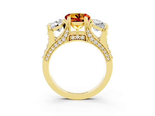 Yellow gold Round Cut Citrine Three-Stone Ring with Channel Set Band and Four-Prong Setting