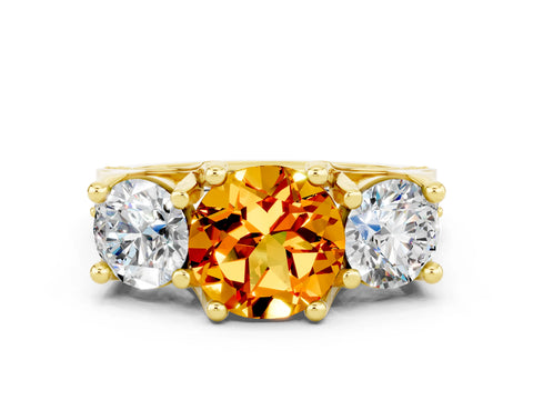 Yellow gold Round Cut Citrine Three-Stone Ring with Channel Set Band and Four-Prong Setting