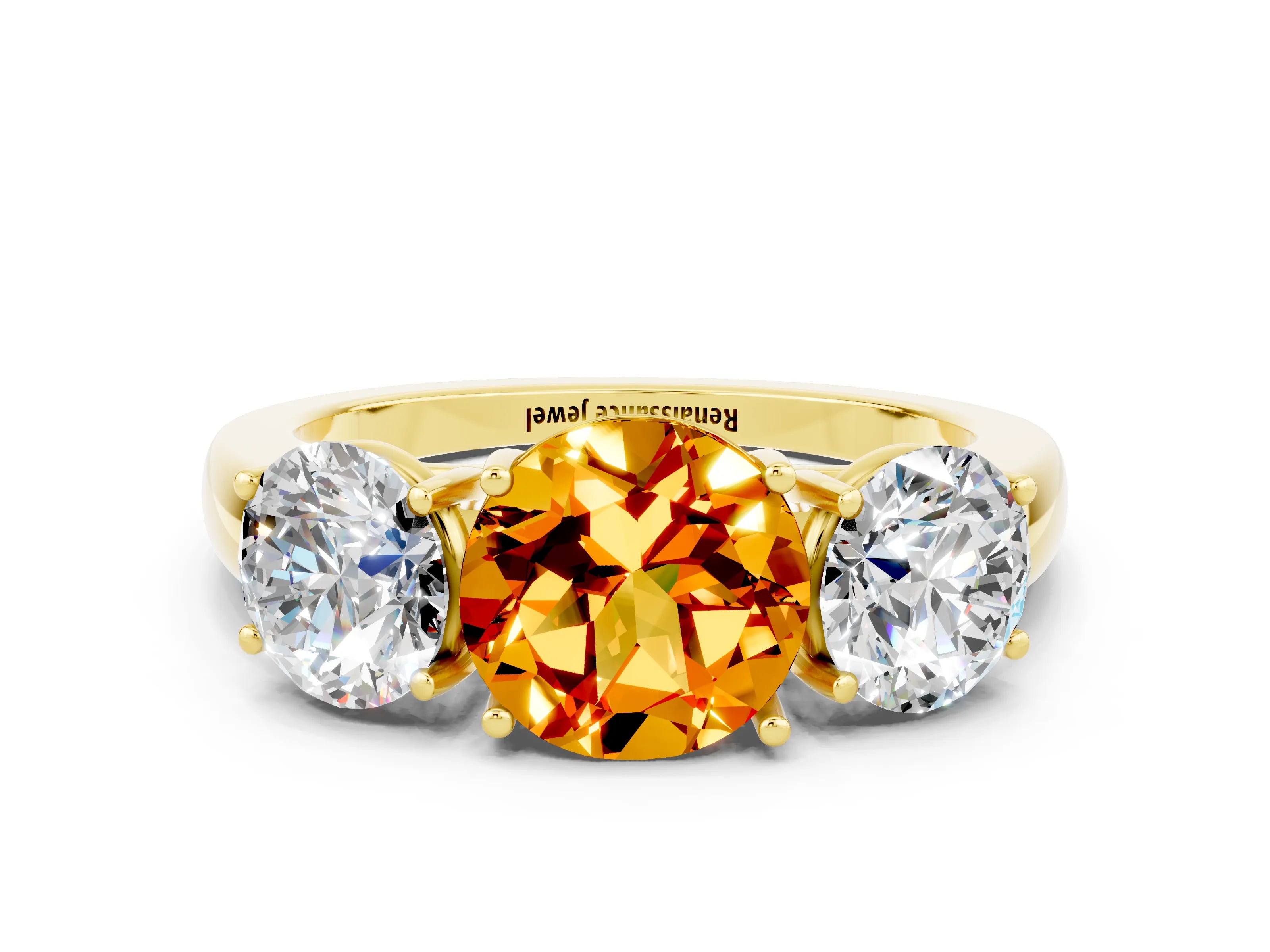 Yellow gold Round Cut Citrine Three-Stone Ring with Four-Prong Setting and Classic Band