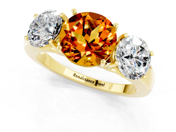 Yellow gold Round Cut Citrine Three-Stone Ring with Four-Prong Setting and Classic Band