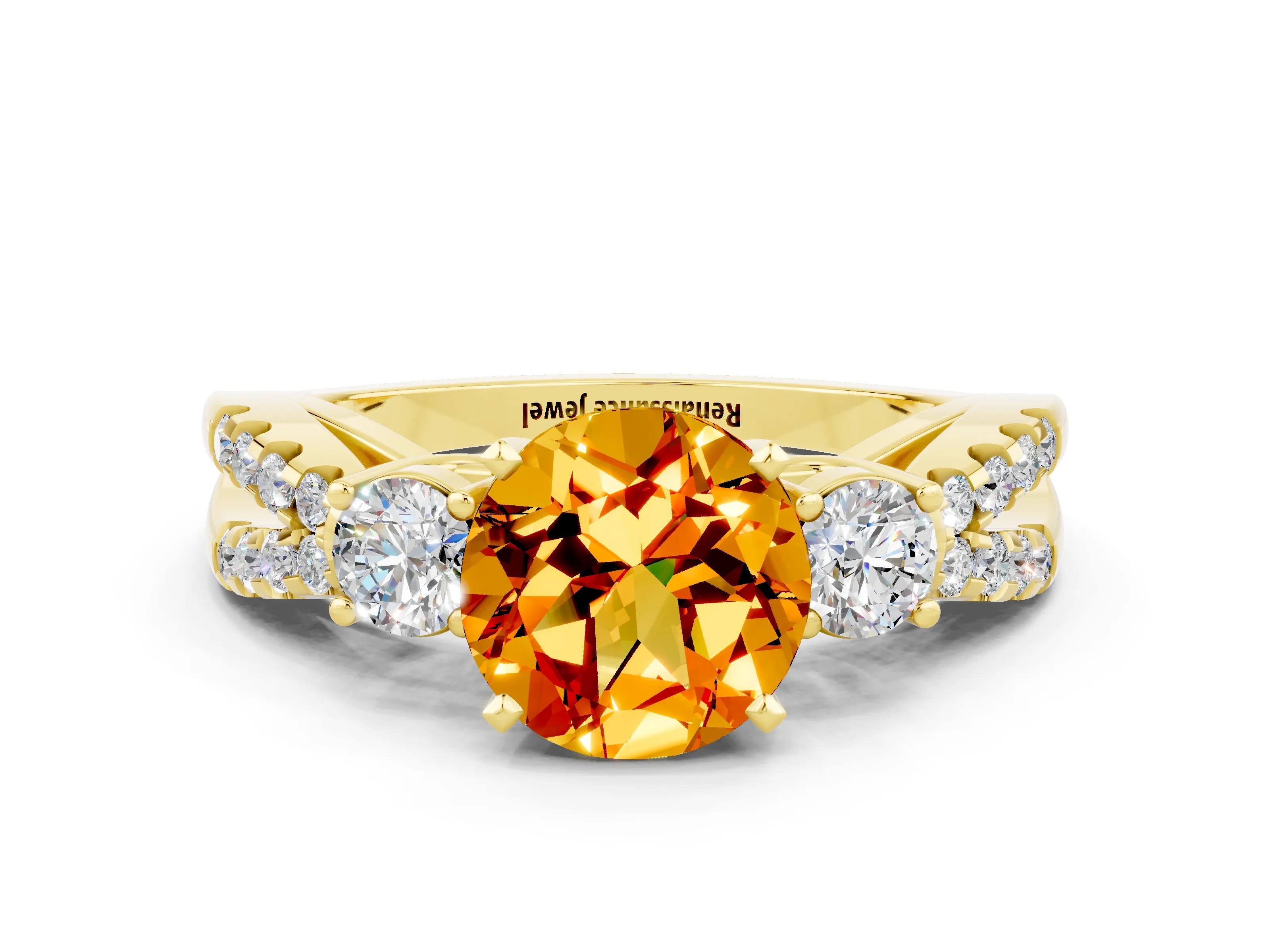 Yellow gold Round Cut Citrine Three-Stone Ring with Pavé Split Shank and Four-Prong Setting