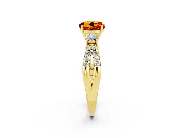 Yellow gold Round Cut Citrine Three-Stone Ring with Pavé Split Shank and Four-Prong Setting