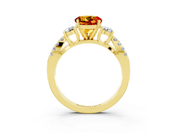 Yellow gold Round Cut Citrine Three-Stone Ring with Pavé Split Shank and Four-Prong Setting