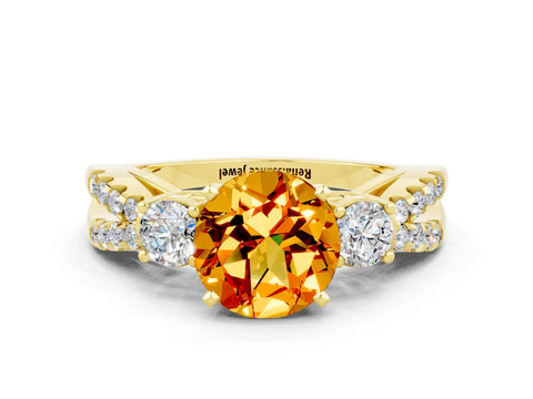 Yellow gold Round Cut Citrine Three-Stone Ring with Pavé Split Shank and Four-Prong Setting