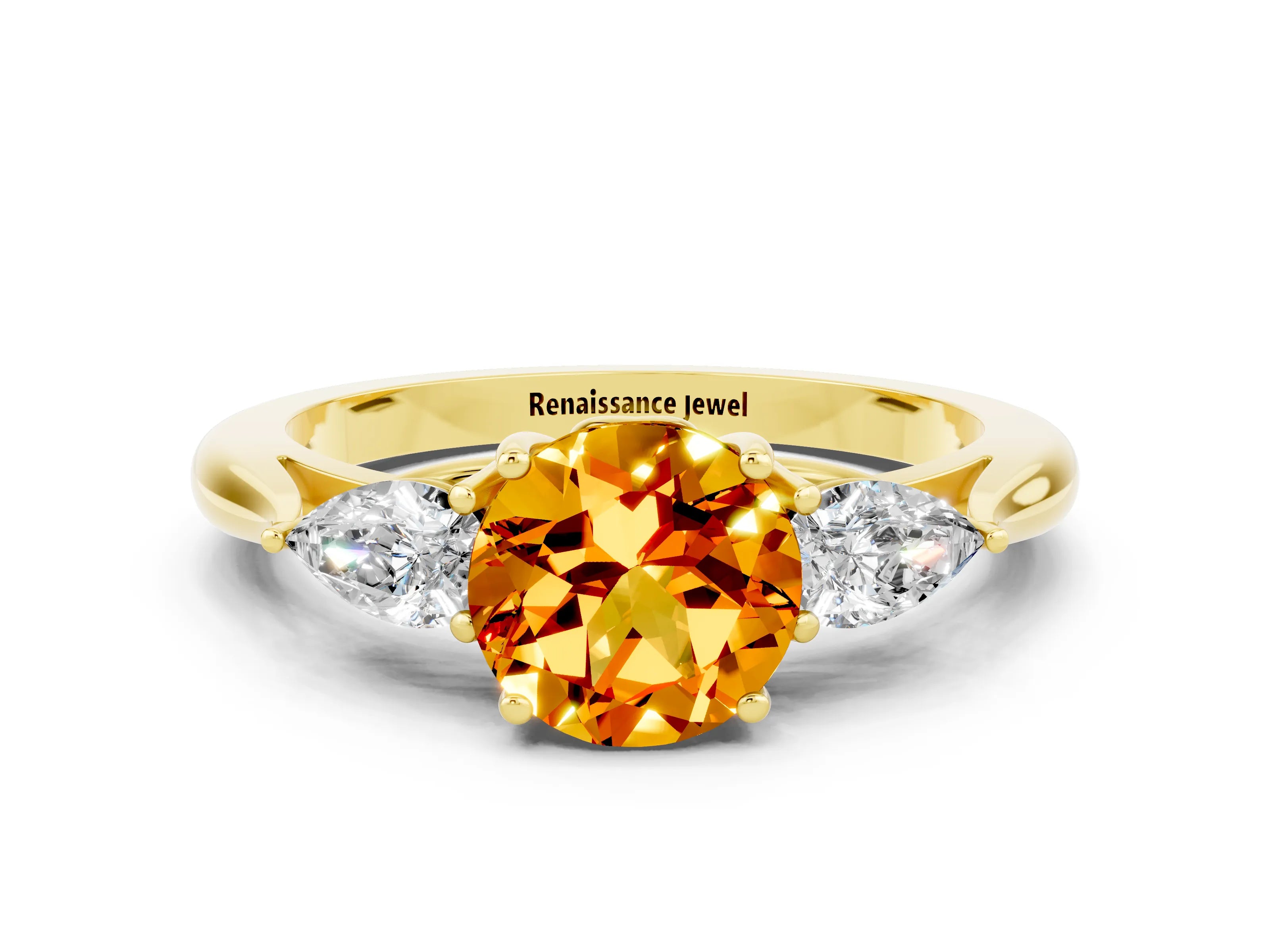 Yellow gold Round Cut Citrine Three-Stone Ring with Pear Side Stones and Four-Prong Setting_12