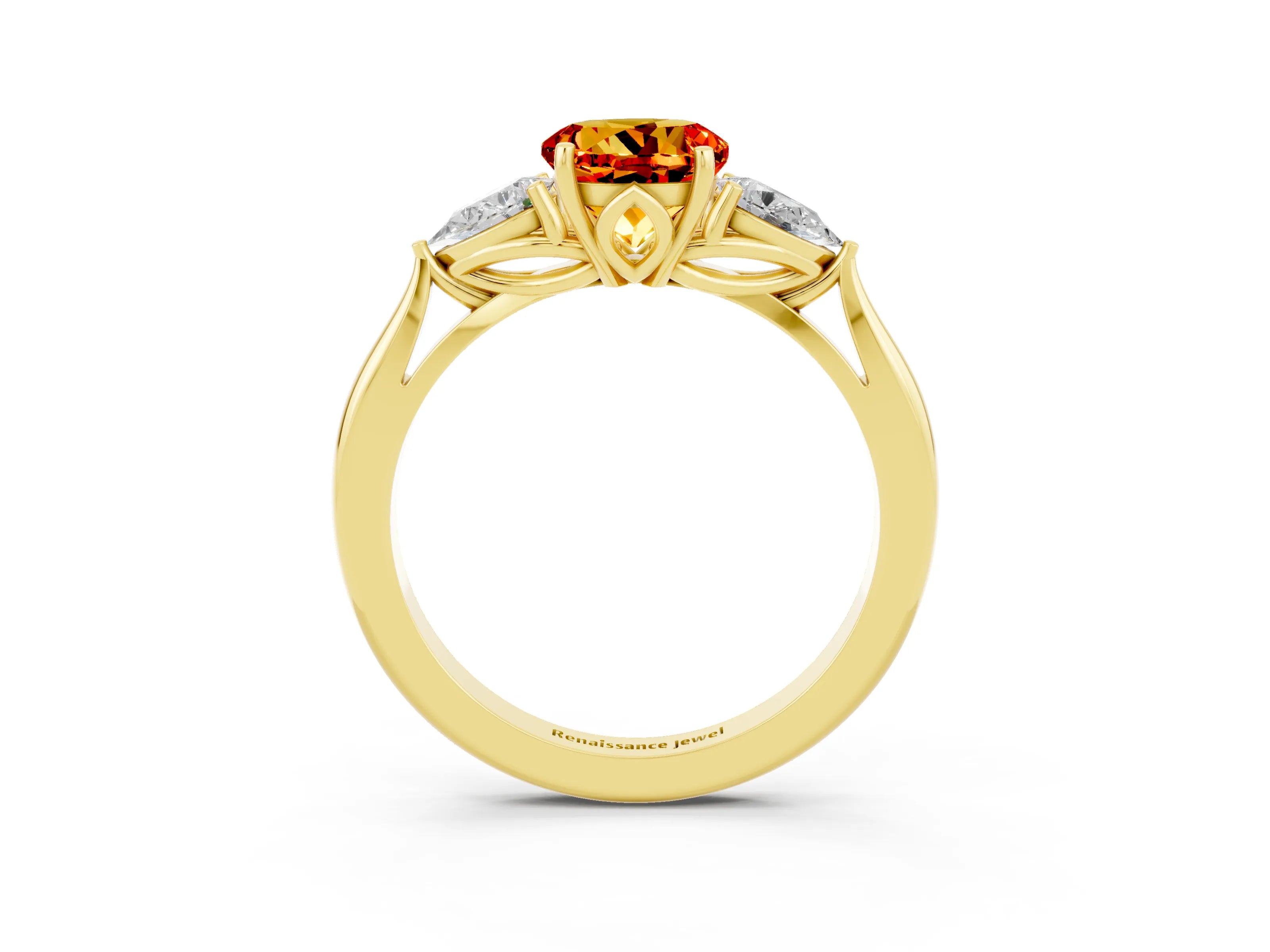 Yellow gold Round Cut Citrine Three-Stone Ring with Pear Side Stones and Four-Prong Setting_15