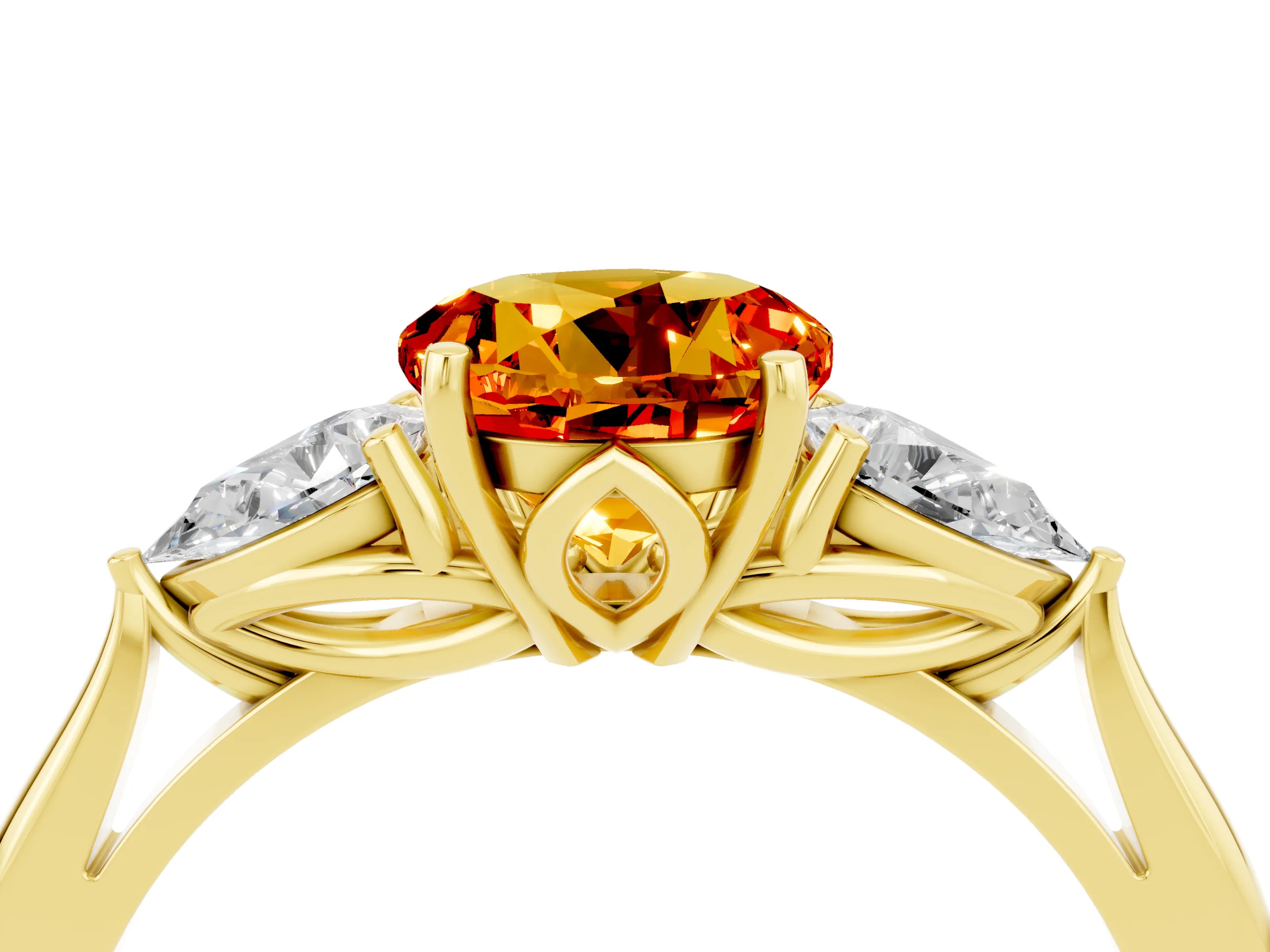 Yellow gold Round Cut Citrine Three-Stone Ring with Pear Side Stones and Four-Prong Setting_16