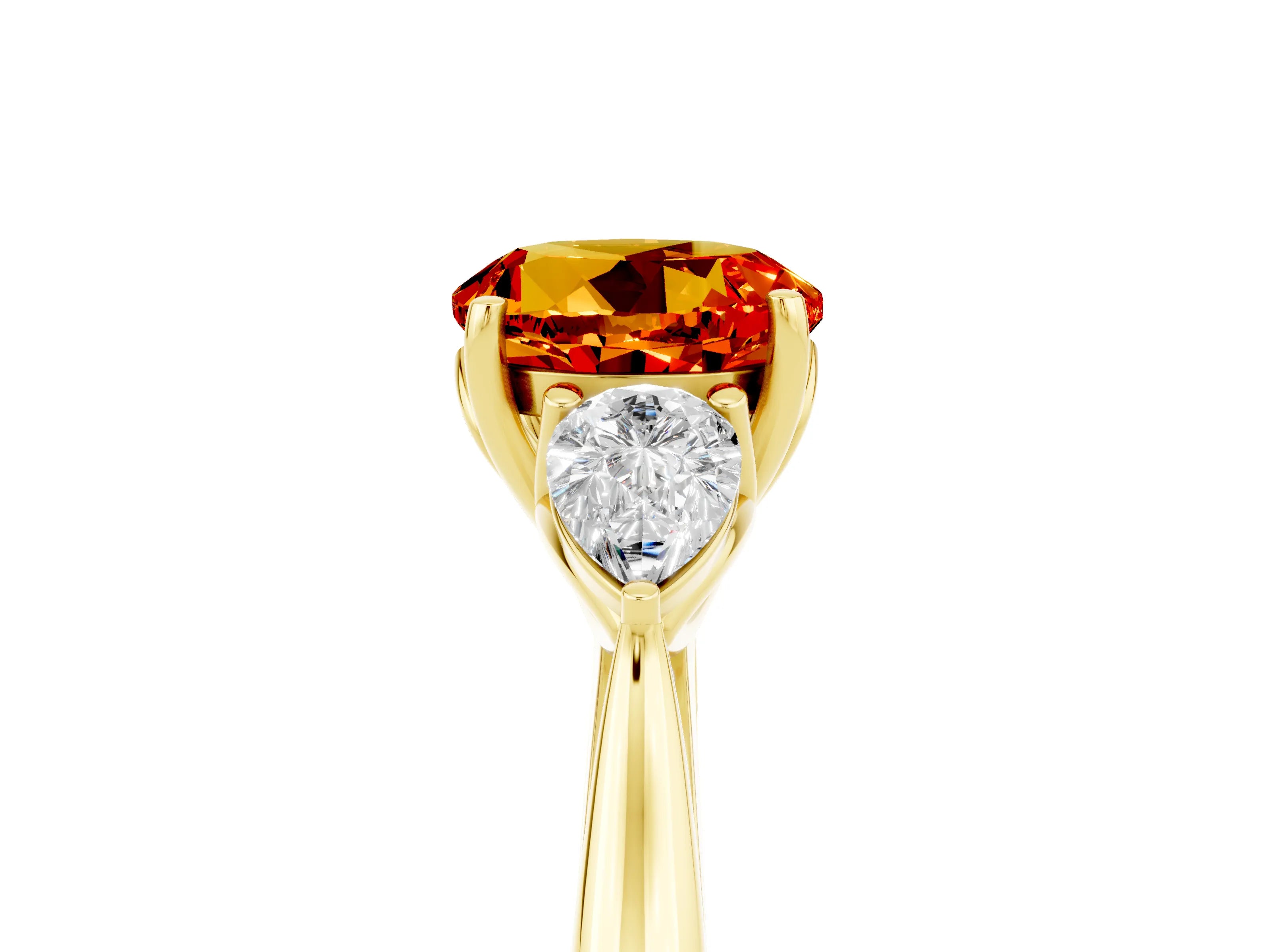 Yellow gold Round Cut Citrine Three-Stone Ring with Pear Side Stones and Four-Prong Setting_17