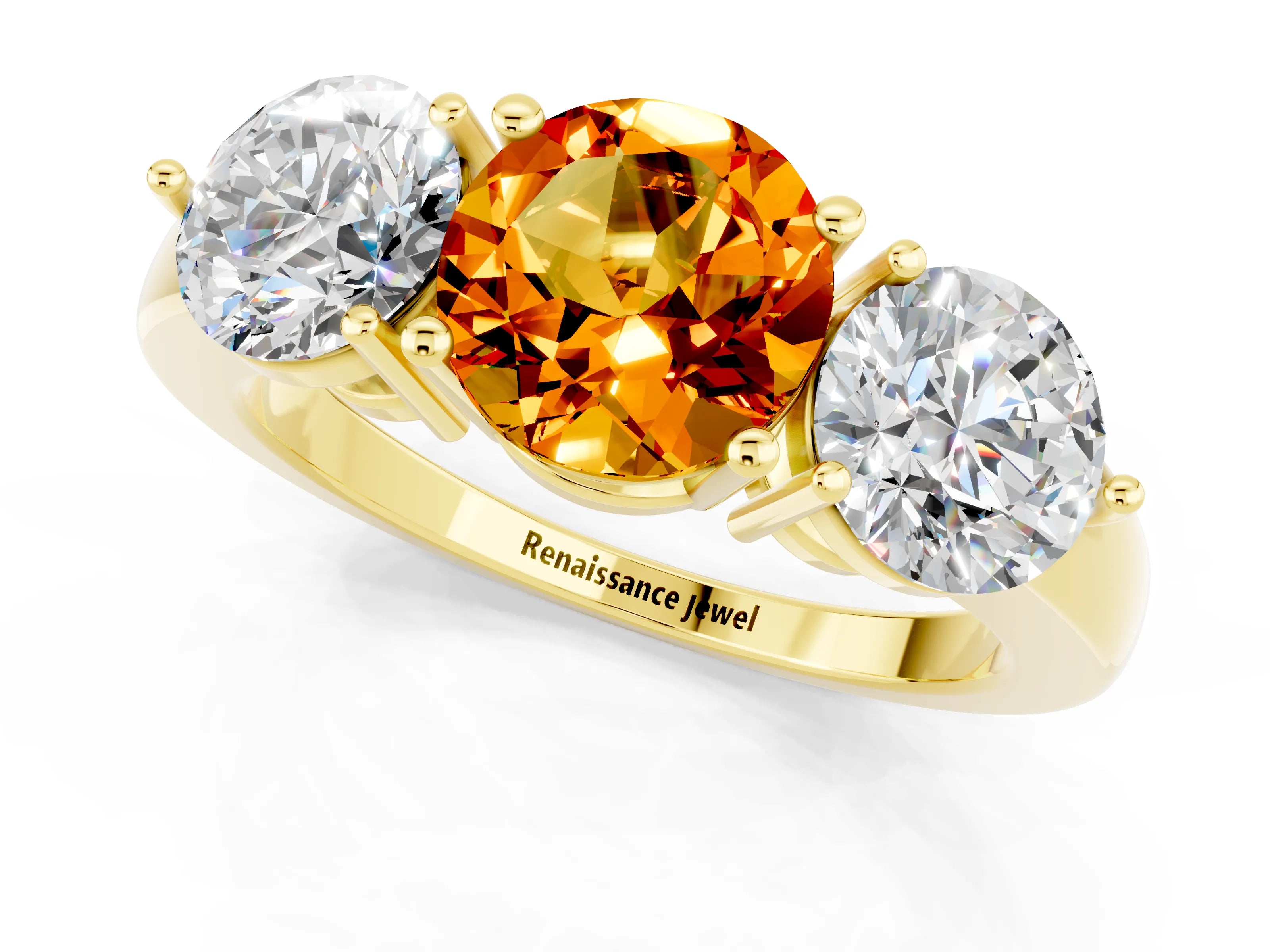 Yellow gold Round Cut Citrine Three-Stone Ring with Prong Setting and Classic Band_1