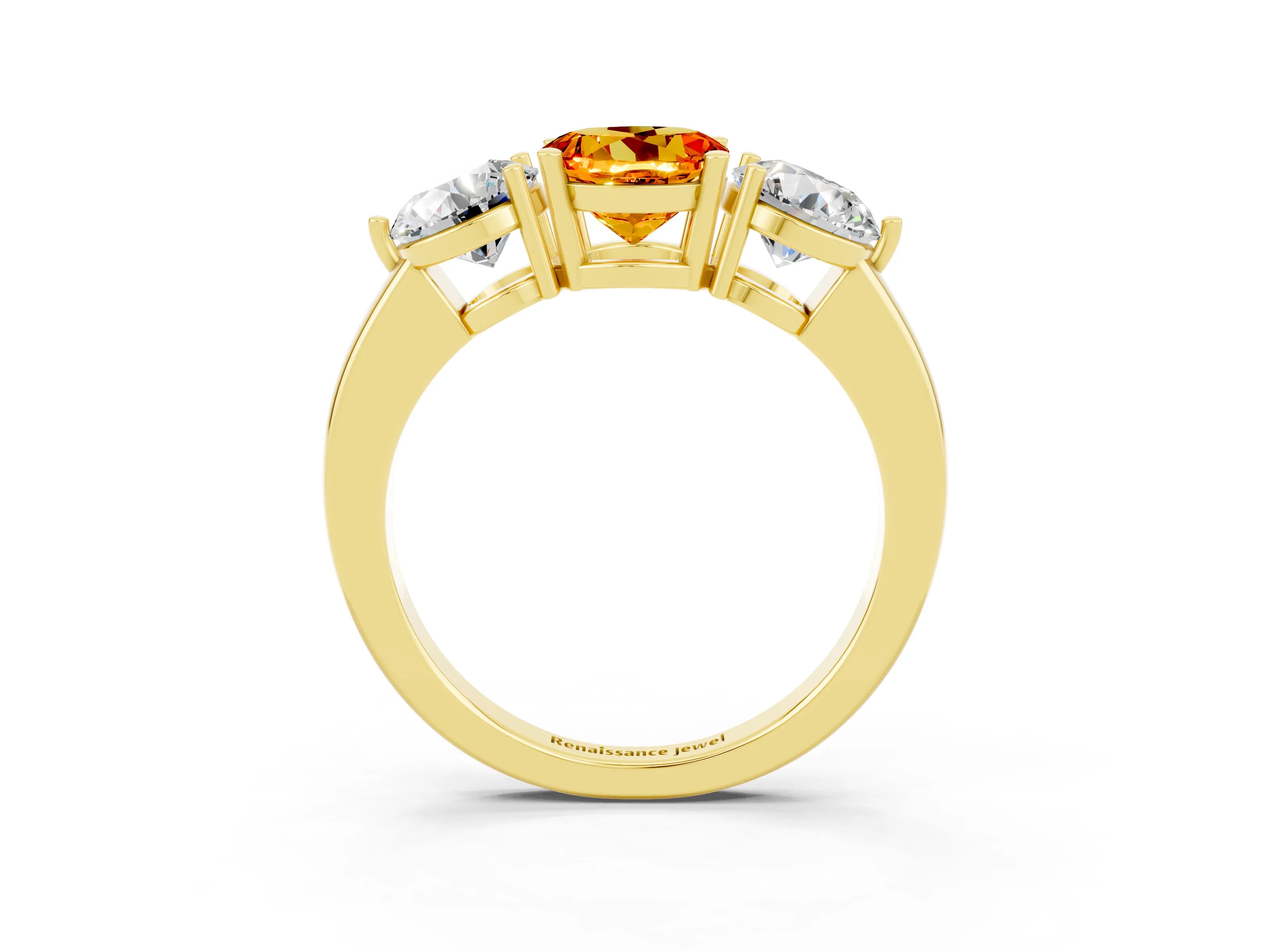 Yellow gold Round Cut Citrine Three-Stone Ring with Prong Setting and Classic Band_3