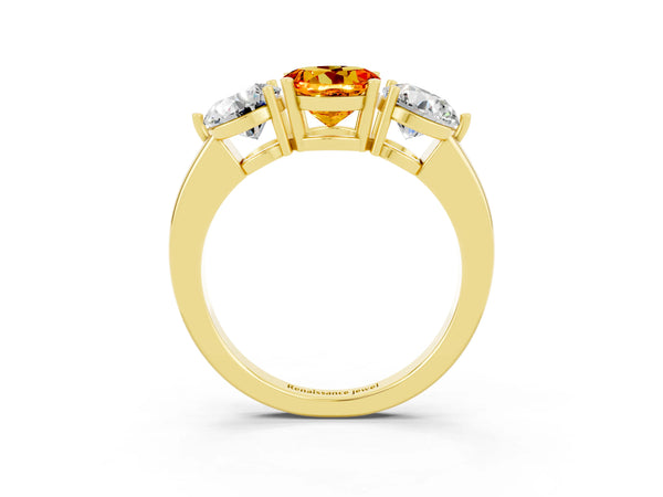 Yellow gold Round Cut Citrine Three-Stone Ring with Prong Setting and Classic Band