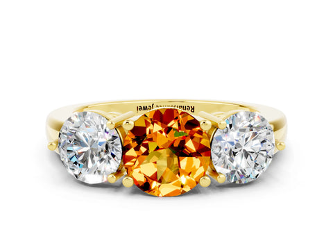 Yellow gold Round Cut Citrine Three-Stone Ring with Prong Setting and Classic Band