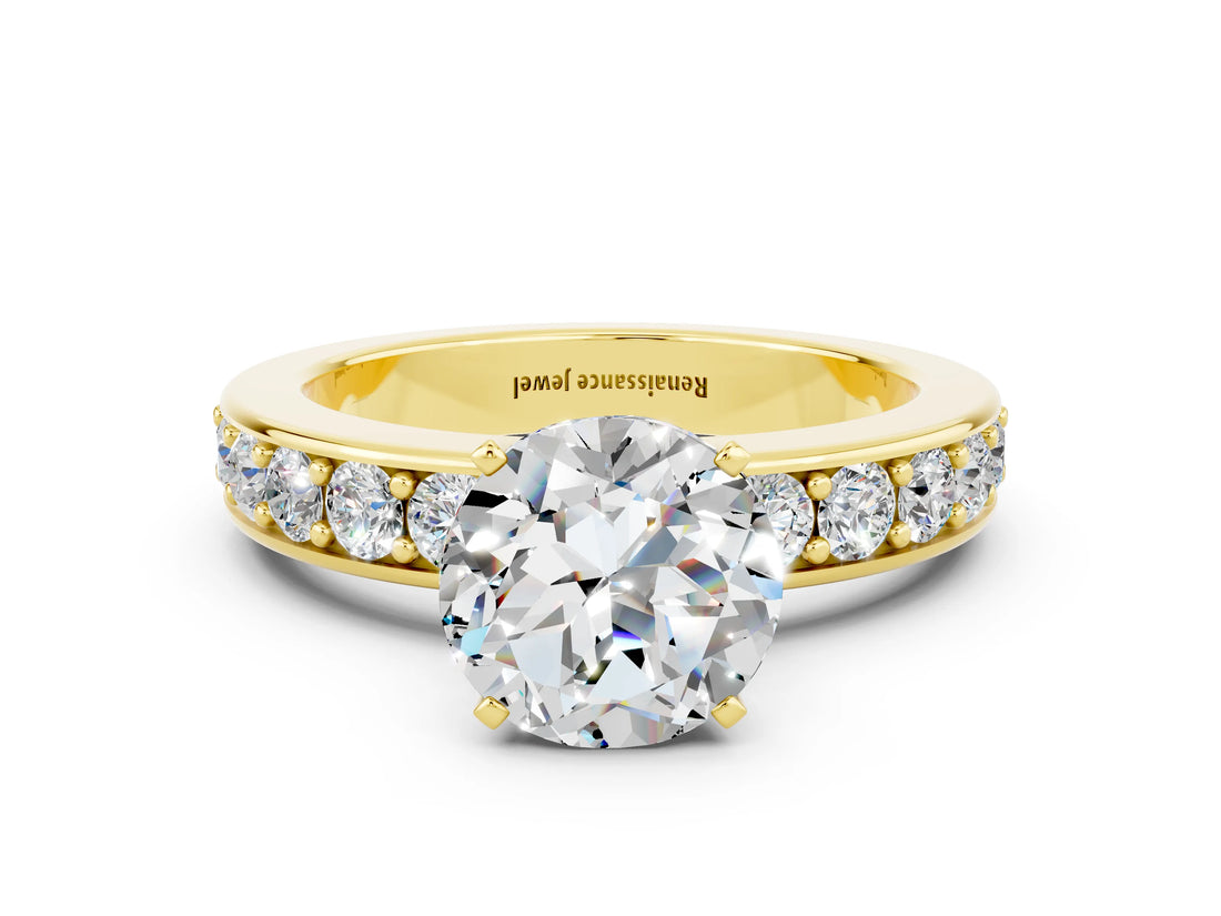 Yellow gold Round Cut Cut Channel Set Diamond Engagement Ring with Four-Prong Setting