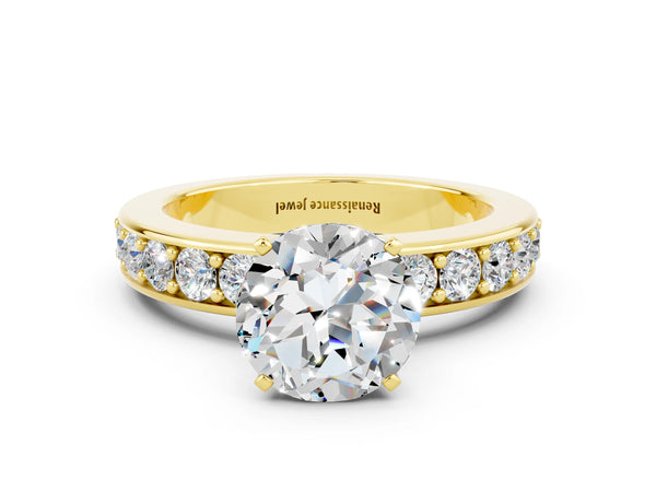 Yellow gold Round Cut Moissanite Engagement Ring with Channel Set Round Band and Prong Setting