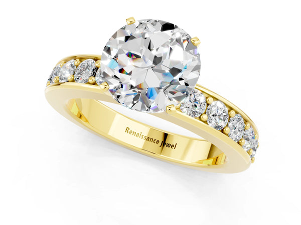 Yellow gold Round Cut Moissanite Engagement Ring with Channel Set Round Band and Prong Setting