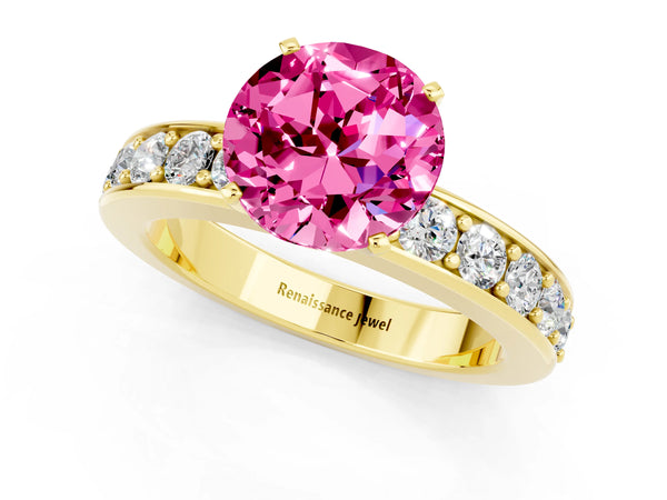 Yellow gold Round Cut Pink Sapphire Engagement Ring with Channel Set Round Band and Prong Setting