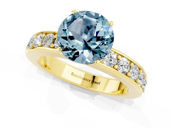 Yellow gold Round Cut Aquamarine Engagement Ring with Channel Set Round Band and Prong Setting