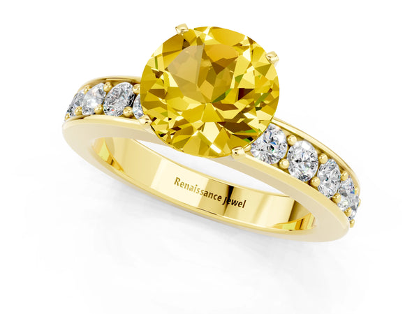 Yellow gold Round Cut Yellow Sapphire Engagement Ring with Channel Set Round Band and Prong Setting
