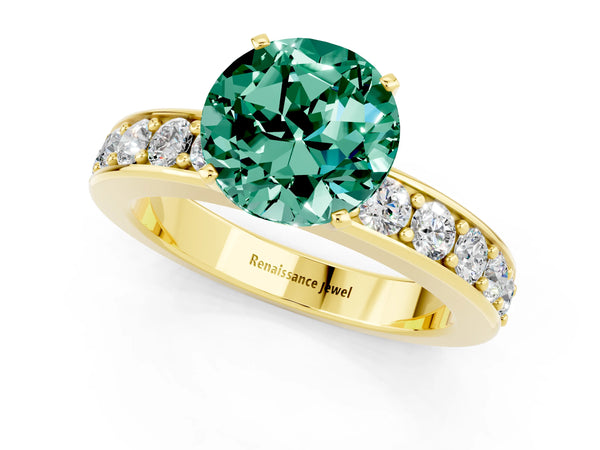 Yellow gold Round Cut Green Sapphire Engagement Ring with Channel Set Round Band and Prong Setting