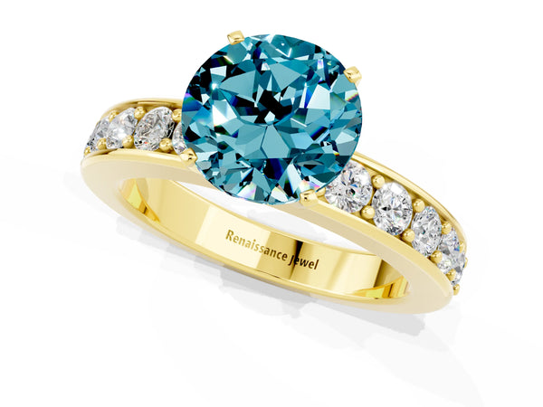 Yellow gold Round Cut Blue Topaz Engagement Ring with Channel Set Round Band and Prong Setting