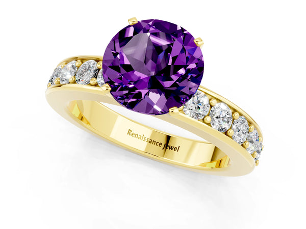 Yellow gold Round Cut Amethyst Engagement Ring with Channel Set Round Band and Prong Setting