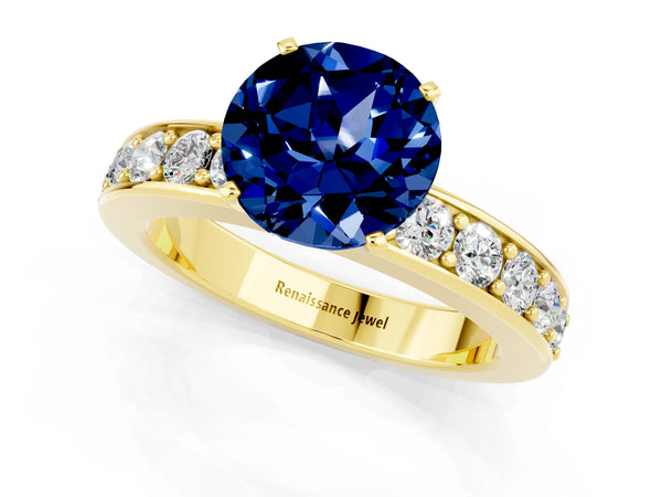Yellow gold Round Cut Blue Sapphire Engagement Ring with Channel Set Round Band and Prong Setting