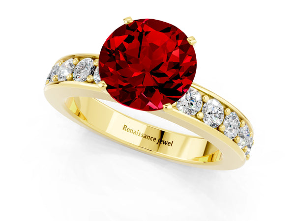Yellow gold Round Cut Ruby Engagement Ring with Channel Set Round Band and Prong Setting