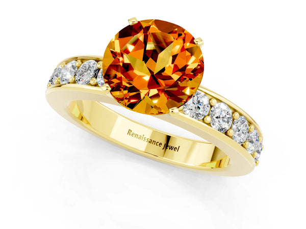 Yellow gold Round Cut Citrine Engagement Ring with Channel Set Round Band and Prong Setting