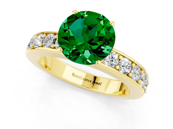 Yellow gold Round Cut Emerald Engagement Ring with Channel Set Round Band and Prong Setting