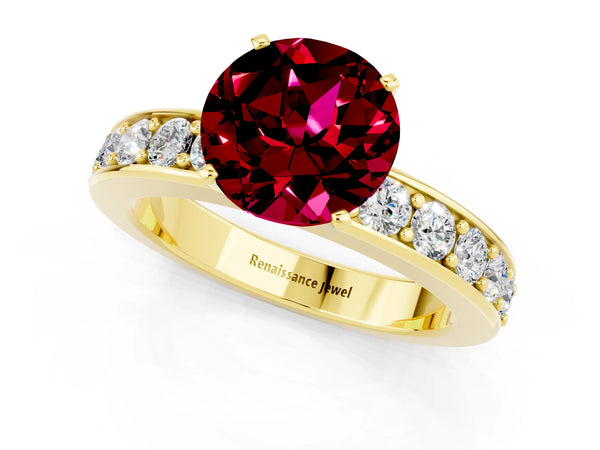 Yellow gold Round Cut Garnet Engagement Ring with Channel Set Round Band and Prong Setting
