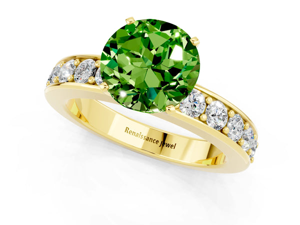 Yellow gold Round Cut Peridot Engagement Ring with Channel Set Round Band and Prong Setting