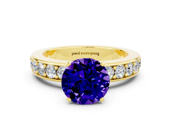 Yellow gold Round Cut Tanzanite Engagement Ring with Channel Set Round Band and Prong Setting