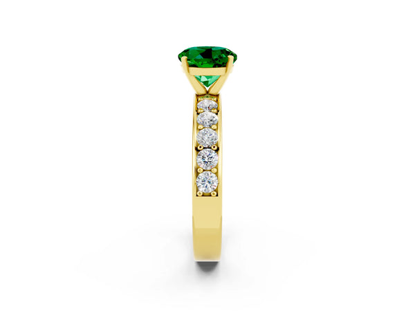 Yellow gold Round Cut Emerald Engagement Ring with Channel Set Round Band and Prong Setting